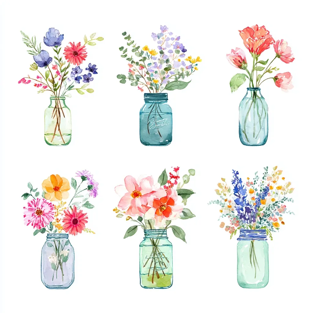 Six watercolor paintings depict vibrant flower bouquets arranged in mason jars. Each jar features a unique assortment of blooms in varying colors, including pinks, reds, purples, blues, and yellows.  The jars themselves are shades of blue and green, adding to the charming, rustic aesthetic.  The style is delicate and romantic, ideal for spring or summer themes.
