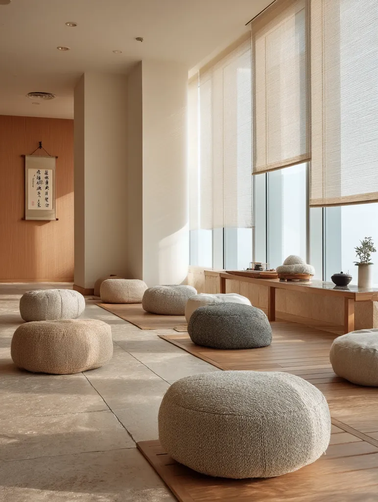 A serene, minimalist space features numerous light-colored, round floor cushions arranged in rows on a light brown wooden floor.  Large windows with sheer blinds allow soft sunlight to filter into the room, illuminating the neutral-toned walls and a single piece of Asian calligraphy.  The overall atmosphere is calm and meditative.