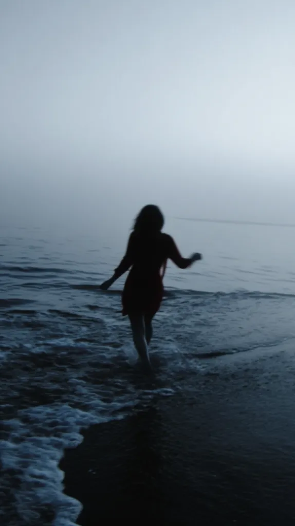 A silhouetted woman walks towards the shore at twilight.  The ocean's gentle waves lap at her feet as she strides along the wet sand. The sky is a muted grey-blue, and the overall mood is serene and slightly melancholic.  The woman's dark dress contrasts against the lighter water. The image evokes a feeling of solitude and contemplation.