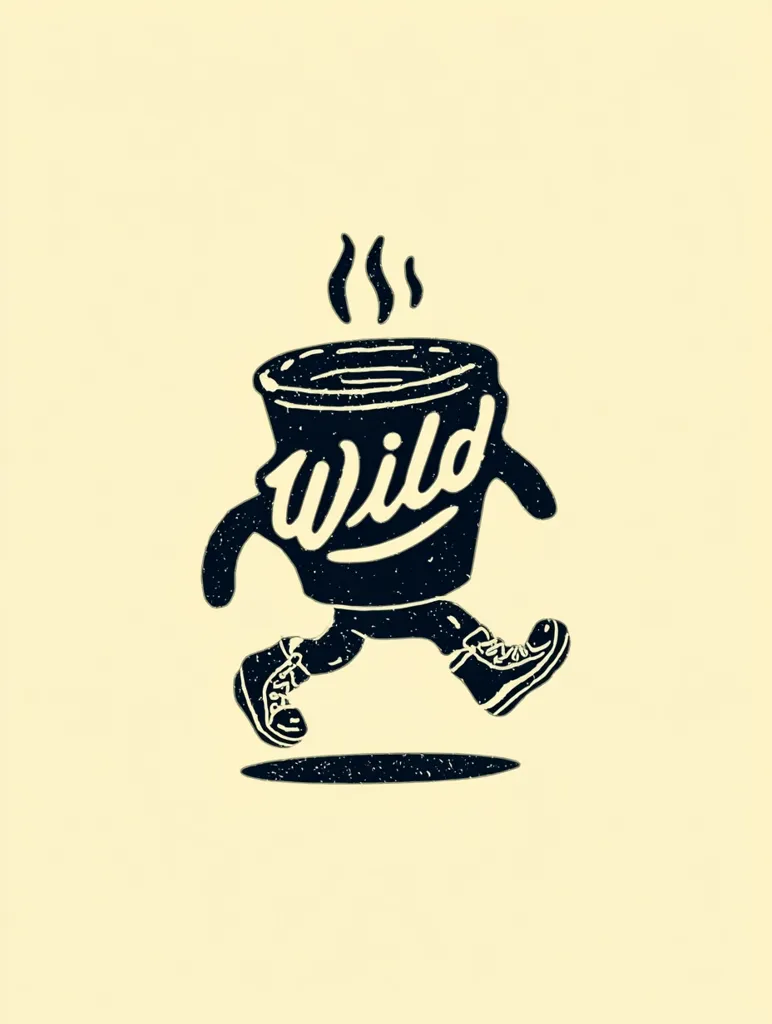 A stylized illustration depicts a steaming coffee cup anthropomorphized as a character.  The cup, labeled "Wild," has short arms and legs, and is depicted mid-stride, wearing boots.  The design uses a vintage, distressed aesthetic with a cream-colored background, giving it a rugged, outdoorsy feel.