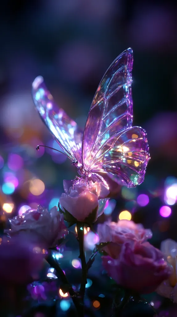 A translucent, iridescent butterfly with wings like stained glass rests on a delicate pink rose.  The scene is bathed in soft, colorful bokeh lights, creating a magical and ethereal atmosphere. The butterfly's wings shimmer with purple, blue, and pink hues, reflecting the surrounding lights. The overall image evokes a sense of fantasy and wonder.