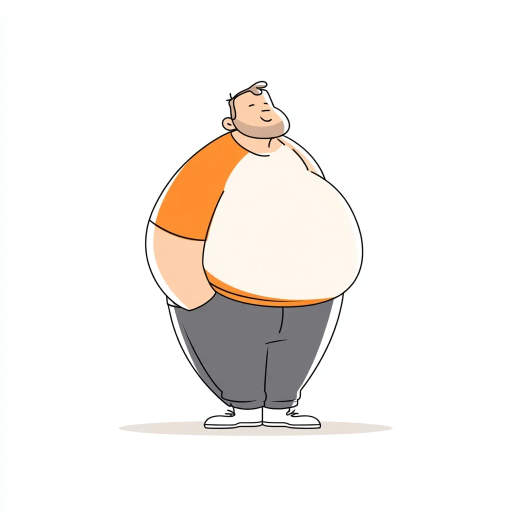 A cartoon illustration of an overweight man with short brown hair and a beard. He's wearing an orange short-sleeved shirt over a white t-shirt and gray pants, his hands in his pockets. He has a pleasant expression, looking slightly upward.  The style is simple and friendly, with soft lines and muted colors.