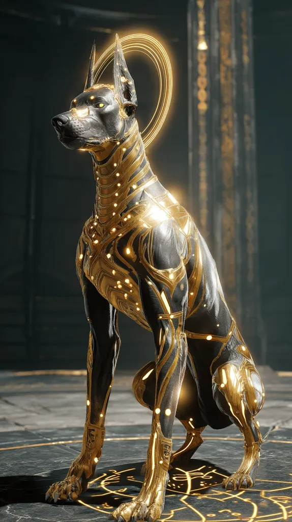 A majestic, stylized Doberman Pinscher sits majestically. Its body is a fusion of sleek, dark metal and gleaming gold accents, suggesting an intricate mechanical or cybernetic design.  A glowing golden halo encircles its head, adding to its otherworldly and perhaps divine aura. The background hints at an ancient or technologically advanced setting.  The overall impression is one of power, elegance, and a blend of organic and artificial elements.