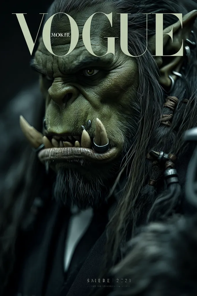 A striking Vogue cover features a meticulously crafted orc. The orc's intense gaze and detailed features, including sharp teeth and textured skin, dominate the image.  The Vogue logo is prominently displayed, creating a juxtaposition between high fashion and fantasy. The orc is partially clad in a dark suit, adding to the unexpected blend of styles.  The overall mood is dark and dramatic.
