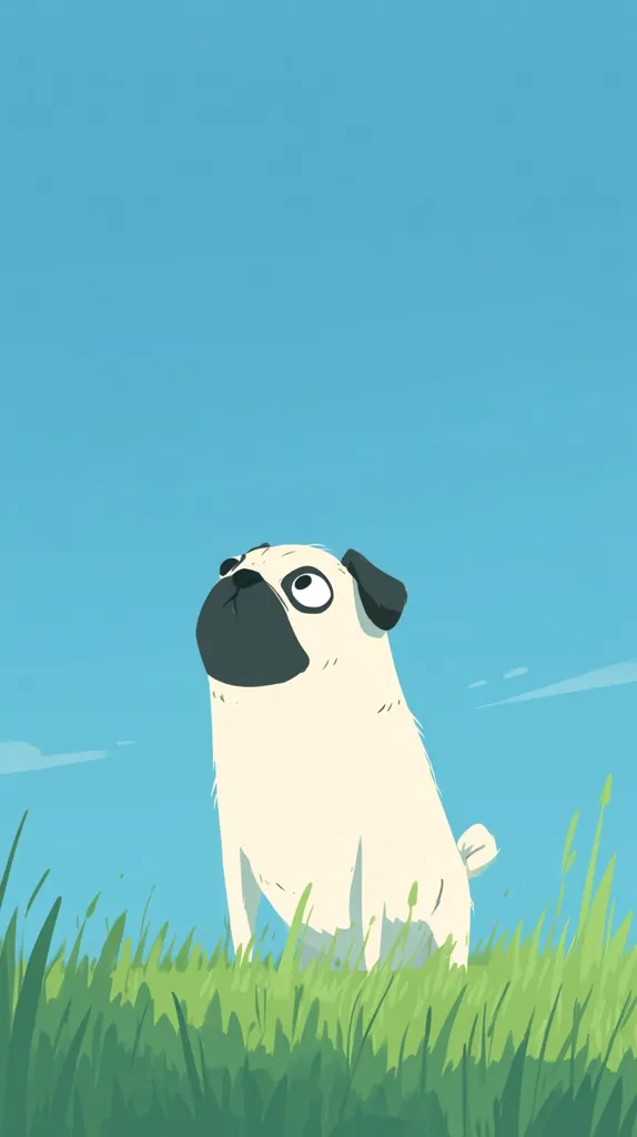 A charming illustration features a pug sitting in vibrant green grass against a clear, light blue sky.  The pug is looking upward, its expression curious and endearing. The style is simple and cartoonish, with soft, muted colors. The overall feeling is one of peaceful serenity.