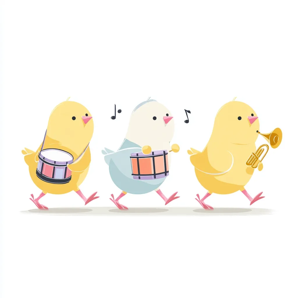 Three adorable baby chicks march in a row, each playing a musical instrument.  One plays a small drum, another a snare drum, and the third a trumpet.  Musical notes float above them, suggesting a cheerful parade or performance.  Their bright colors and cartoonish style create a fun and whimsical image.
