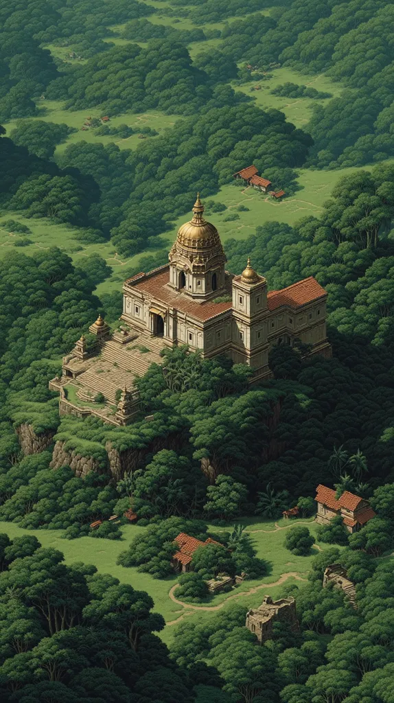 An aerial view reveals a majestic temple atop a verdant hill, nestled within a lush, green forest.  The temple, with its golden dome and red-tiled roof, boasts a grand staircase leading to its entrance.  Smaller structures and ruins are scattered throughout the surrounding landscape, suggesting a secluded, possibly ancient, settlement within the tranquil forest. The scene is painted in a style reminiscent of a detailed illustration or painting.