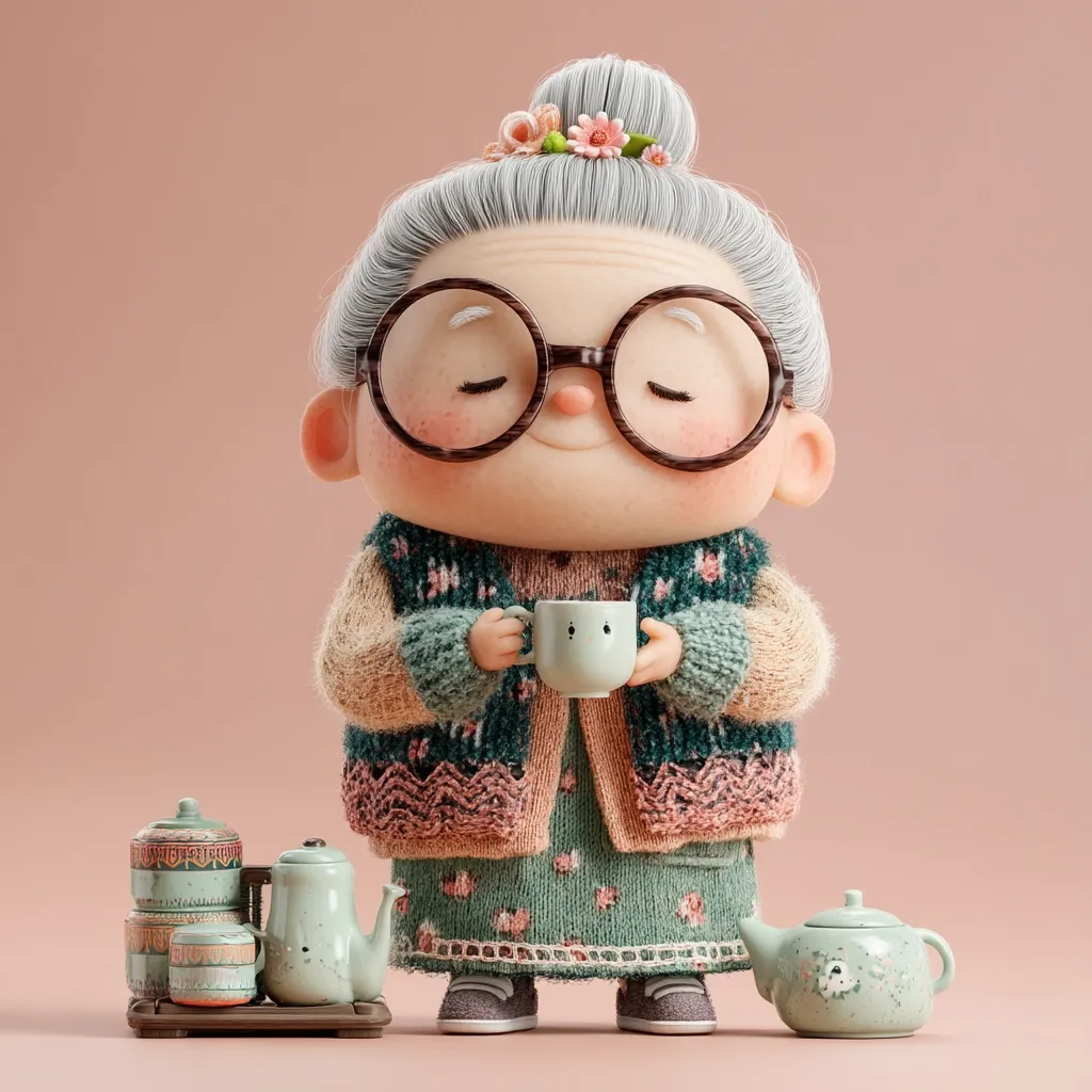 A charming 3D-rendered illustration depicts a sweet elderly woman with gray hair styled in a bun, adorned with flowers. She wears round glasses and a cozy knitted cardigan over a floral dress, contentedly holding a small teacup.  A set of miniature teapots and containers sits on a tray at her feet, adding to the cozy and endearing scene. The overall aesthetic is warm and inviting.