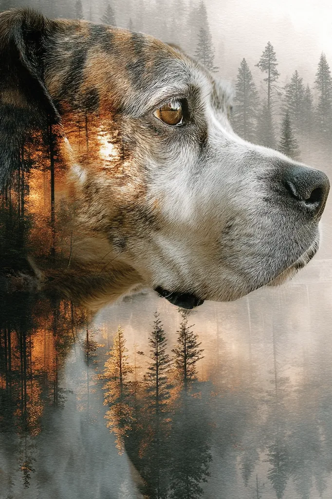 A captivating double exposure image features a majestic dog, possibly a hound mix, its profile subtly merging with a serene forest scene at sunset. The dog's fur blends with the trees' textures, creating a mystical effect.  The warm hues of the setting sun contrast beautifully with the cool tones of the dog's coat and the misty forest. The overall impression is one of tranquility and connection with nature.