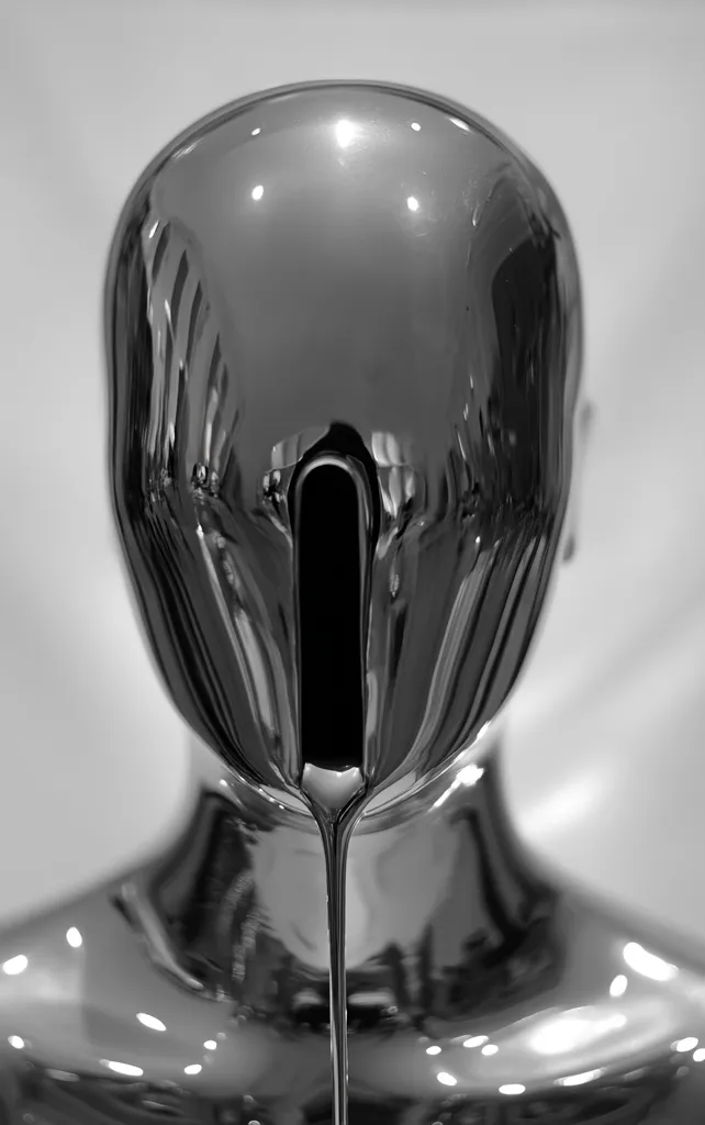 A monochrome close-up captures a polished chrome mannequin head and torso.  The highly reflective surface distorts the background, creating abstract reflections.  A vertical, smooth drip-like feature descends from the head's center, adding a surreal element to the otherwise realistic form. The overall effect is one of sleek, modern minimalism.