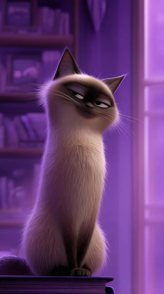 A fluffy Siamese cat sits perched atop a stack of books in a dimly lit room.  The cat's creamy fur contrasts with the deep purple hues of the background, which features a bookshelf filled with volumes and a window letting in soft light. The cat gazes off to the side with a subtly smug expression, its long, elegant body captured in a moment of quiet contemplation.