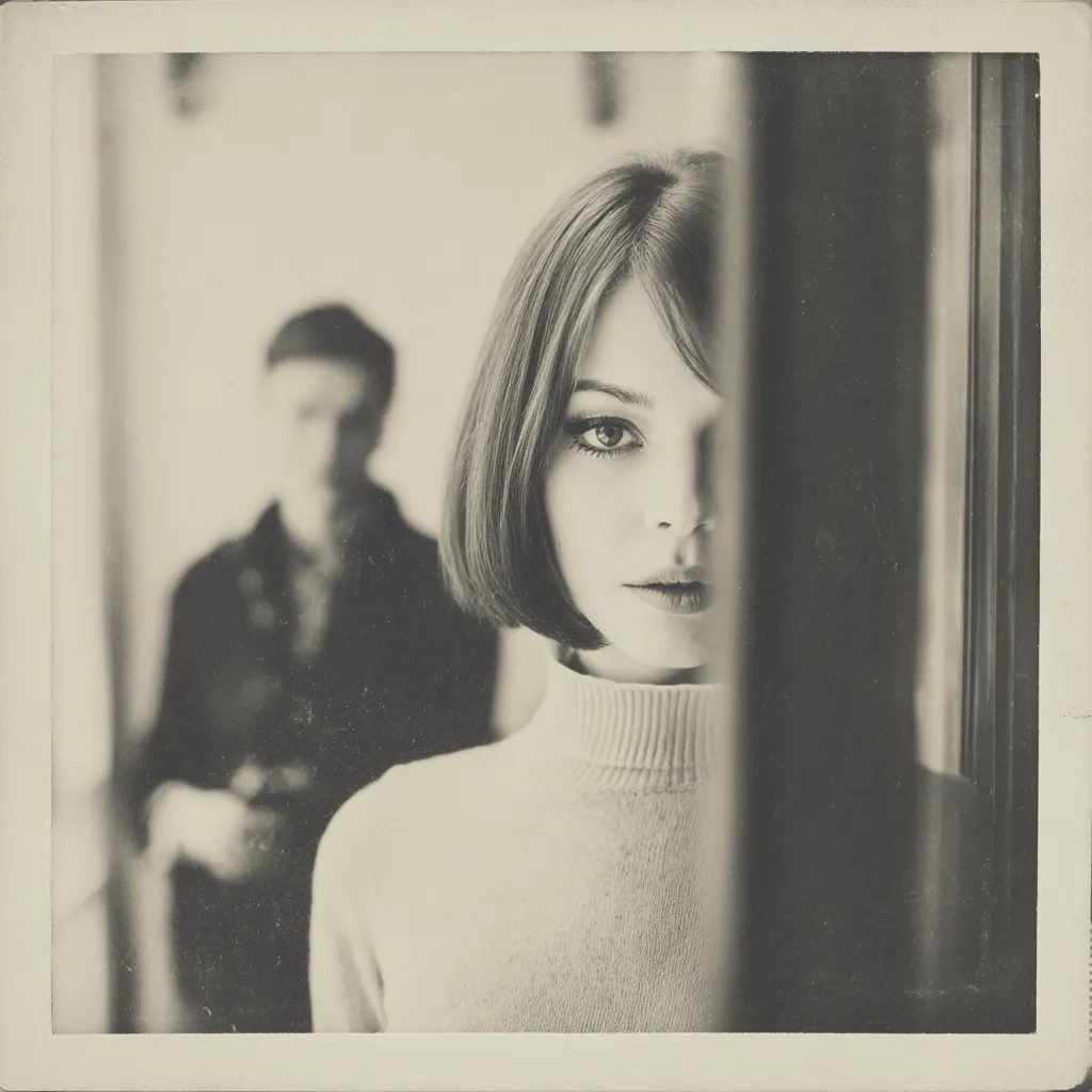 A black and white, vintage-style photograph captures a young woman with a bob haircut, her face partially obscured by a dark vertical line.  She wears a turtleneck sweater, her gaze intense.  A blurred figure of a man stands in the background, suggesting a scene of subtle tension or mystery. The overall mood is melancholic and introspective.