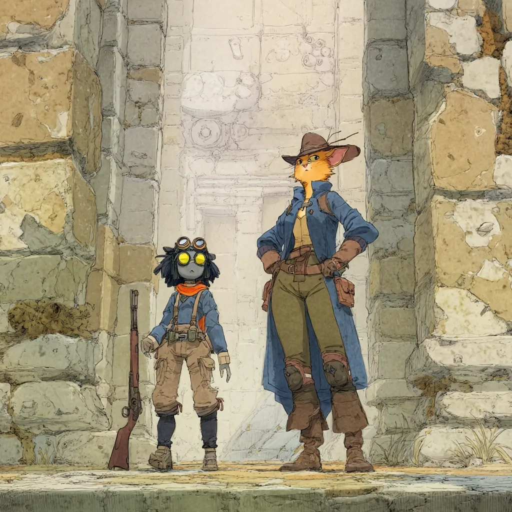 Two anthropomorphic characters stand in a stone passageway.  A taller feline woman in a long coat and hat stands confidently, hands on hips.  Beside her, a smaller, darker-skinned character with goggles holds a long rifle. Both figures are dressed in practical, adventuring attire, suggesting a journey or mission within the ancient ruins. The scene evokes a sense of mystery and adventure.