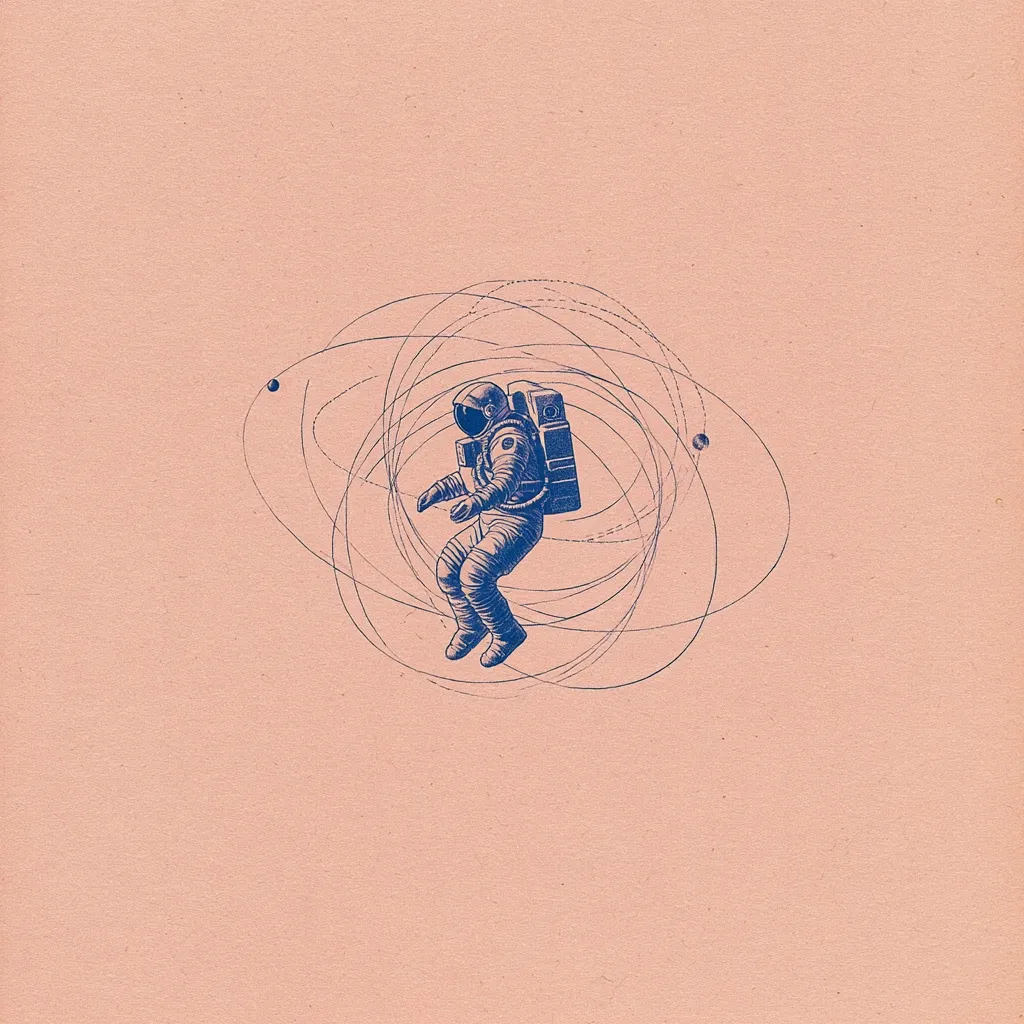 A minimalist illustration depicts an astronaut in a spacesuit, adrift within a swirling, elliptical orbit.  The astronaut is rendered in muted blue ink on a peach-toned background, creating a vintage aesthetic. Small celestial bodies are visible, emphasizing the astronaut's isolation in the vastness of space. The image evokes a sense of solitude and the boundless nature of the cosmos.