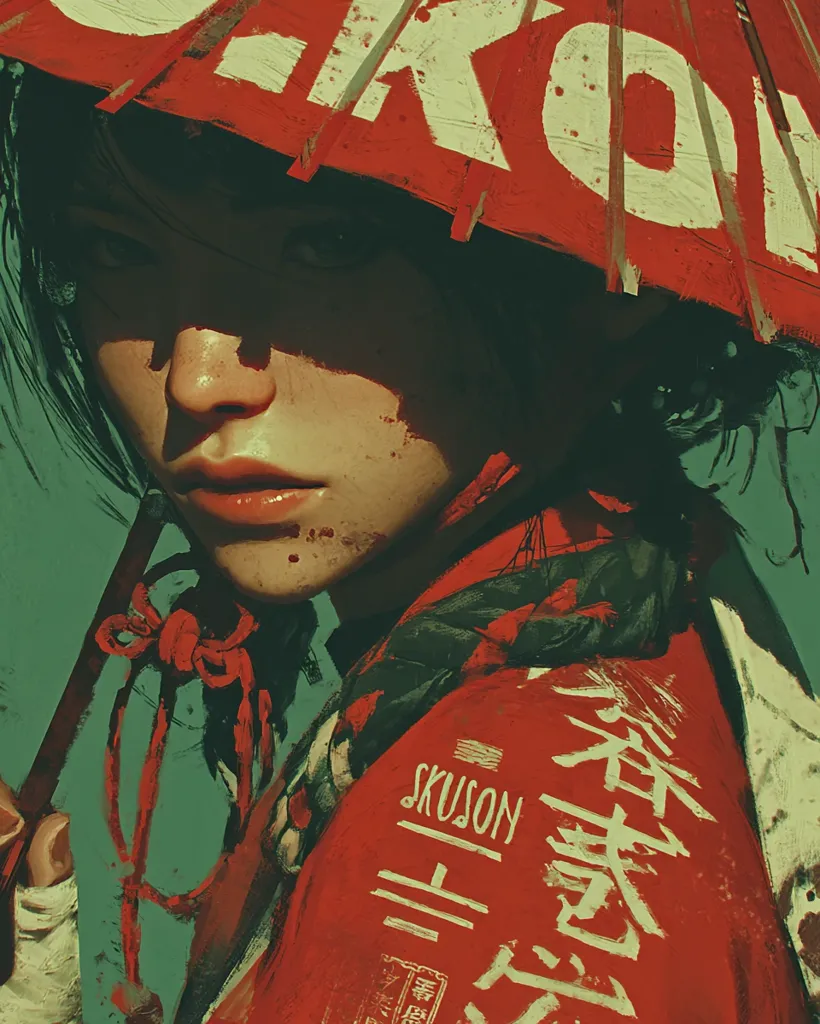 A stylized portrait of a young woman with dark hair, partially obscured by a large red umbrella with white lettering.  She wears a red jacket with additional Japanese kanji and the word "SKUSON" written on it.  Her expression is serious, and there are subtle hints of blood or paint on her face and clothing, suggesting a scene of action or conflict. The overall aesthetic is gritty and evocative of cyberpunk or post-apocalyptic themes.