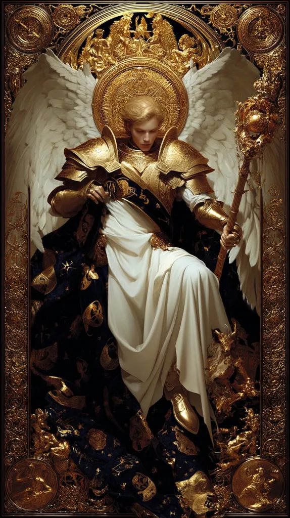 A majestic angel, adorned in gold armor and flowing white robes, sits regally upon a throne.  Large, white wings extend behind, and a golden halo crowns their blond hair.  The intricate, ornate golden frame is densely decorated with celestial and mythical imagery, adding to the divine and powerful aura of the piece. The angel holds a staff, further emphasizing their authority and celestial status.  The dark, star-studded fabric beneath adds a mystical depth.