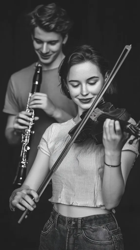 A black and white photo shows a young woman playing a violin.  A young man stands slightly behind her, playing a clarinet. Both are dressed casually. The woman's focus is intently on her instrument, while the man's expression is softer. The image has a moody, intimate feel, suggesting a musical collaboration or performance. The contrast between the dark background and the light figures draws attention to the musicians.