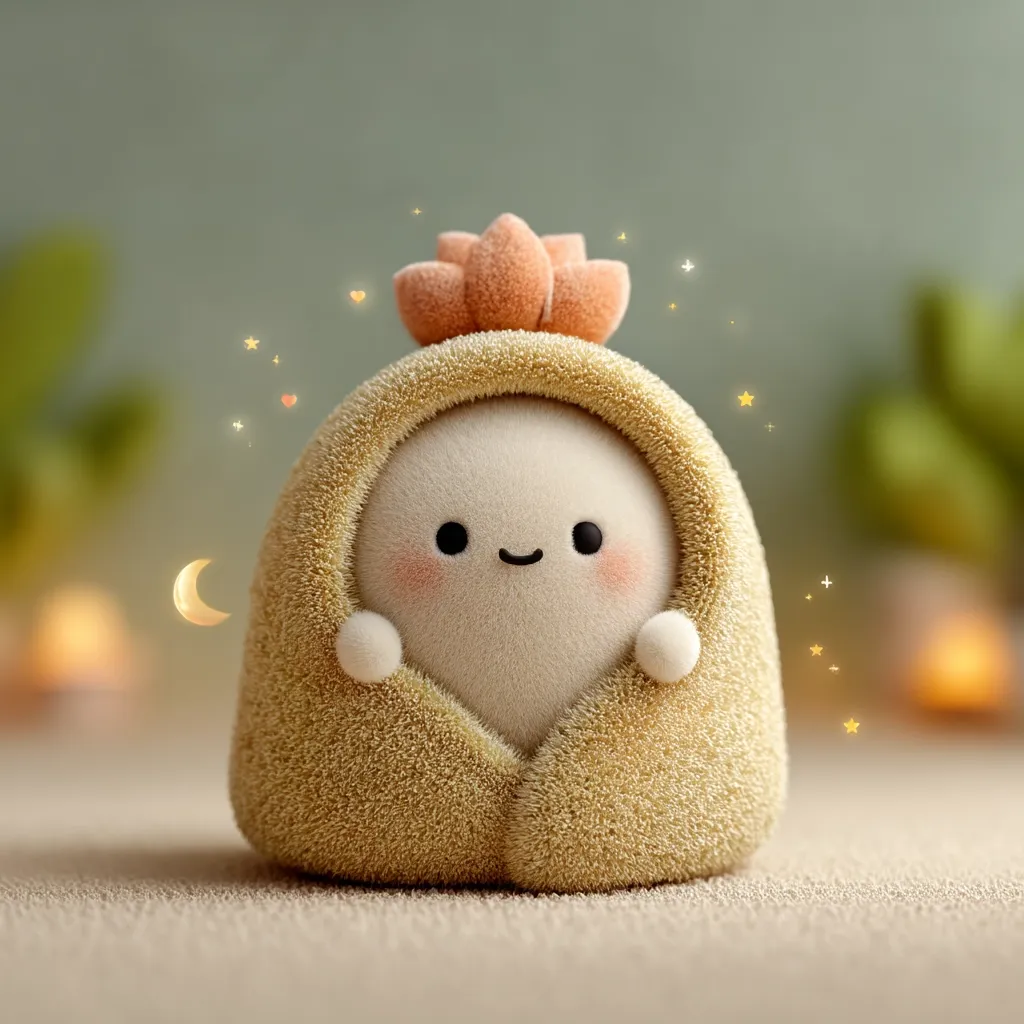 A cute, round, fluffy character sits snuggled in a soft, tan, hooded cloak.  A small, peach-colored lotus blossom adorns its head.  The character has a sweet, smiling face and rosy cheeks.  A crescent moon and sparkling stars are softly depicted in the background, creating a calming and enchanting scene.