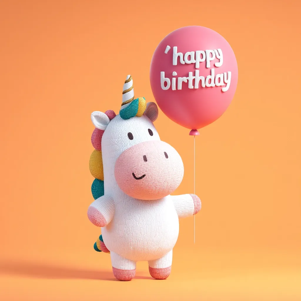 A cute, knitted unicorn toy stands against an orange background, holding a pink balloon that says "Happy Birthday."  The unicorn is predominantly white with pink accents on its hooves and face, and a colorful, textured mane and tail. The scene is cheerful and festive, perfect for a birthday greeting.