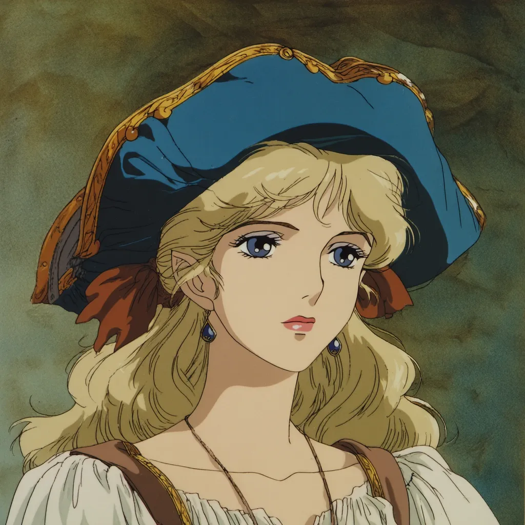 A young woman with long blonde hair and blue eyes is depicted. She wears a blue and gold pirate-style hat adorned with a brown ribbon, a white blouse with brown accents, and dark blue teardrop earrings. Her expression is serene and thoughtful, and she gazes slightly to her right. The style is reminiscent of classic anime animation, with soft shading and detailed features. The background is a muted earth tone.