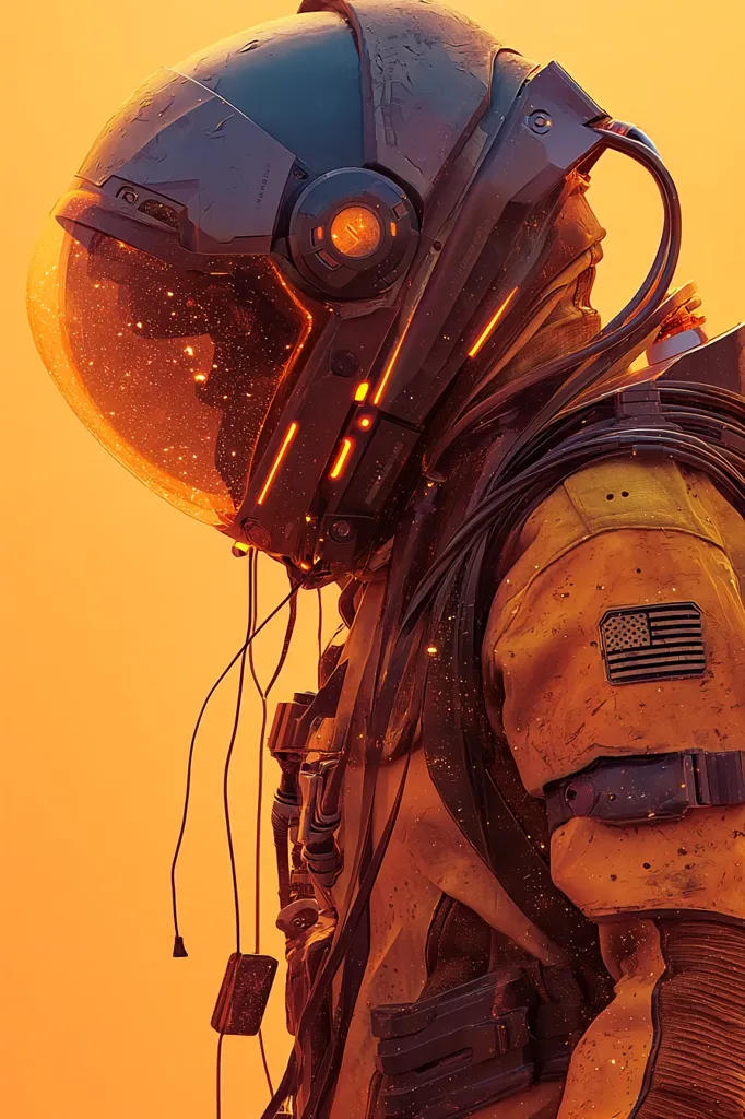 A futuristic astronaut, clad in a worn, orange spacesuit adorned with a small American flag patch, stands silhouetted against a vibrant orange sky.  The astronaut's helmet, featuring sleek, dark gray panels and glowing orange accents, is turned downward, suggesting contemplation or weariness.  Dust motes or sparks seemingly float in the air around the figure, adding to the desolate yet awe-inspiring atmosphere.