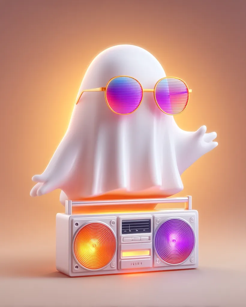 A friendly ghost, wearing trendy, iridescent sunglasses, is perched atop a retro boombox. The boombox glows with warm, orange and purple lights, creating a vibrant, playful scene. The ghost's pose suggests a fun, carefree attitude, making it a whimsical and stylish image.  The overall aesthetic is modern and cheerful, with a touch of Halloween flair.