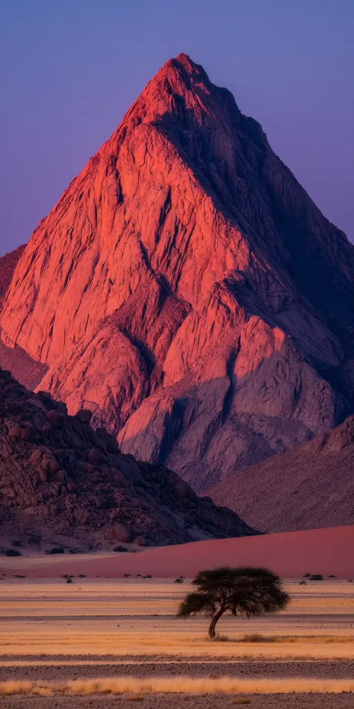 A solitary acacia tree stands in the foreground of a vast, flat desert landscape.  Behind it, a dramatic, towering mountain rises, its reddish-brown slopes bathed in the warm light of either sunrise or sunset.  The sky is a soft blend of purples and blues. The scene evokes a sense of immense scale and the stark beauty of a desert environment.