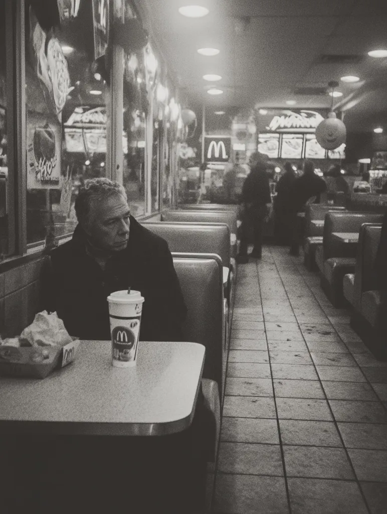 A black and white photograph shows a man sitting alone in a McDonald's restaurant.  He is seated at a small table with a McDonald's cup and a bag of food. The restaurant is dimly lit, and other customers are visible in the background. The overall mood is somber and slightly lonely.  The man appears contemplative, his gaze directed downward. The image is grainy, enhancing its nostalgic quality.