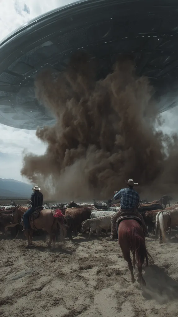 A large, dark spacecraft hovers above a herd of cattle and two cowboys on horseback. A massive cloud of dust and debris erupts from beneath the craft, obscuring the lower portion.  The cowboys appear to be observing the scene, their expressions unreadable. The setting is a desert landscape under a partly cloudy sky. The overall image evokes a sense of otherworldly intrusion and potential chaos.