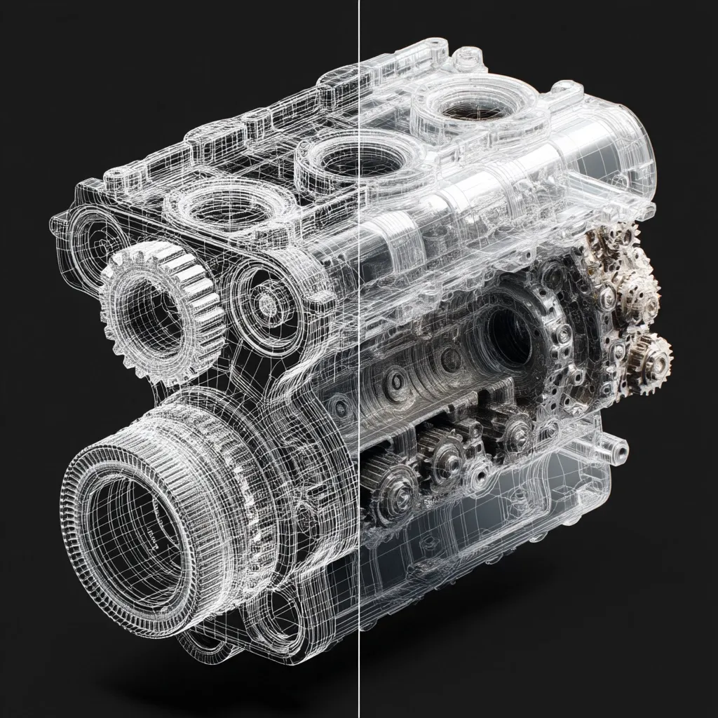 The image showcases a detailed 3D rendering of a complex engine.  Half the engine is depicted as a wireframe model, revealing its intricate internal structure and design, while the other half is rendered in a realistic, textured style, displaying a weathered, metallic finish. This split view effectively highlights the transition from digital design to physical manifestation. The dark background provides a stark contrast, emphasizing the engine's mechanical details.