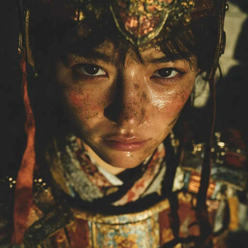 Close-up portrait of a woman, her face smeared with dirt and sweat. She wears an ornate, intricately designed headdress and what appears to be a warrior's garment. Her expression is serious, almost stoic, and her eyes hold a determined gaze. The image's dark, moody lighting enhances the overall dramatic effect, suggesting a scene of battle or intense struggle.  The texture of her skin and clothing is prominently displayed.