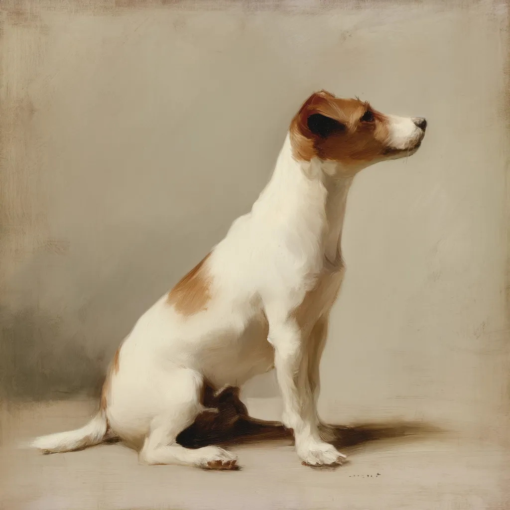 A painting depicts a smooth fox terrier sitting in profile view, facing right.  The dog is predominantly white with tan markings on its head, back, and sides.  Its ears are erect, and it gazes slightly upward. The style is realistic, with soft brushstrokes creating a sense of depth and texture. The background is a muted beige, drawing focus to the dog.