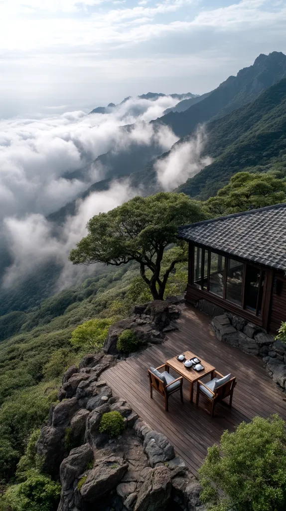 A secluded wooden cabin perches on a mountain cliff, overlooking a breathtaking vista of rolling hills shrouded in mist.  A small wooden deck provides an outdoor seating area with a table and chairs, offering an idyllic spot to enjoy the serene landscape.  The scene is peaceful and evokes a sense of tranquility and escape. The architecture blends seamlessly with the natural surroundings.
