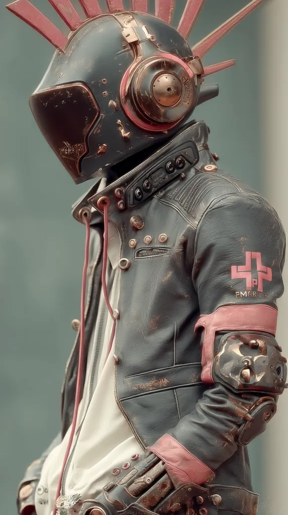 A close-up shot reveals a futuristic figure clad in a weathered, dark leather jacket adorned with pink accents and intricate mechanical details.  The figure sports a unique helmet with a mohawk-like appendage, suggesting a blend of cyberpunk and post-apocalyptic aesthetics.  The overall style is gritty and detailed, hinting at a powerful or rebellious character. The image emphasizes texture and design elements of the clothing and helmet.