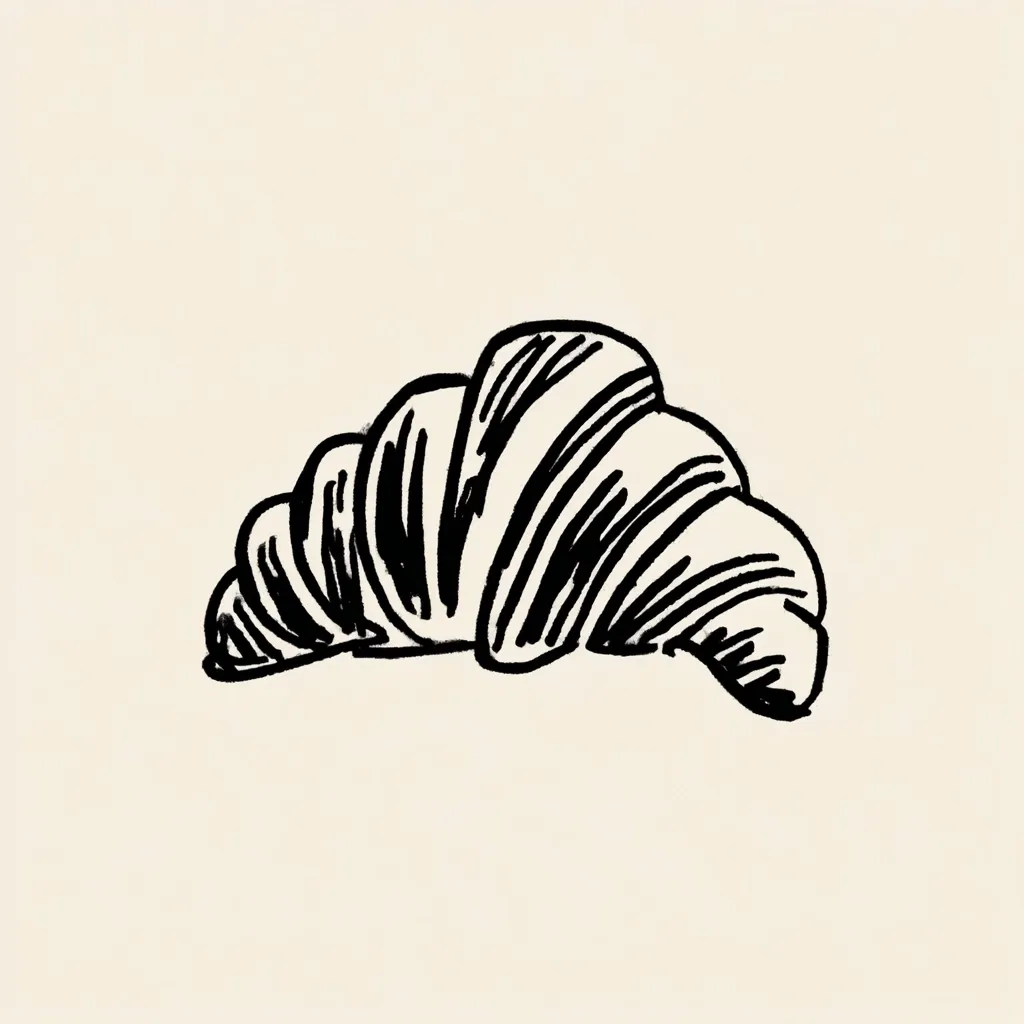 A hand-drawn illustration of a croissant. The black ink drawing is done in a sketchy style, showing the flaky layers of the pastry.  It's presented on a light beige background, suggesting a simple, rustic aesthetic. The image is a simple representation of a classic bakery item.