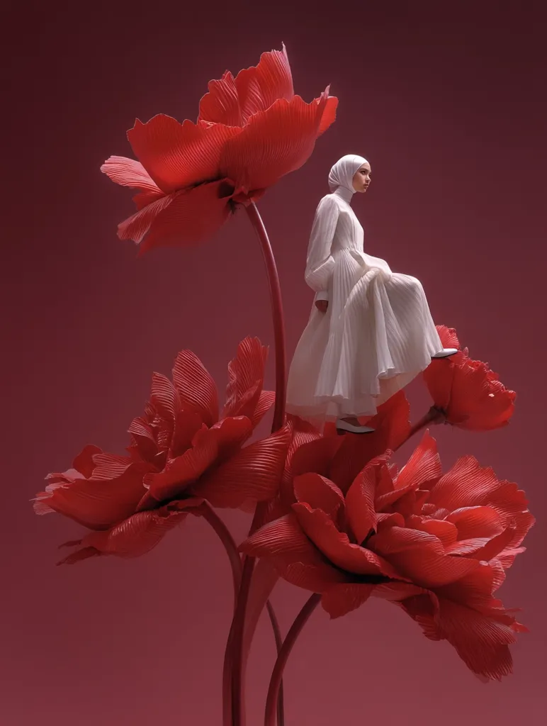 A woman in a white pleated dress and hijab sits atop oversized, crimson paper flowers against a deep maroon backdrop.  The image is stylized, with the flowers appearing almost surreal in their size and texture. The overall mood is elegant and somewhat whimsical, showcasing a blend of fashion and art.  The color contrast between the white dress and the red flowers is striking.