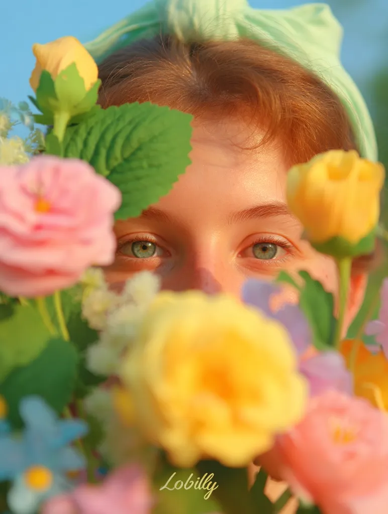 A young woman with auburn hair, wearing a mint green headscarf, partially hides her face behind a vibrant bouquet of pastel-colored artificial flowers.  Her green eyes peek out from behind the blooms, creating a soft, dreamy aesthetic. The image is bathed in warm, golden light, enhancing the cheerful and whimsical mood.  The word "Lobilly" is subtly placed at the bottom.