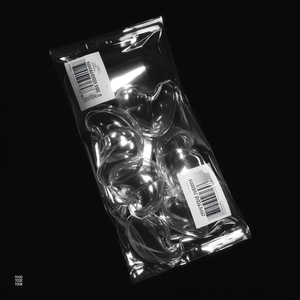 A transparent plastic bag contains several small, clear plastic molds.  The molds are shaped like irregular hearts or teardrops, clustered together within the bag.  Barcodes are visible on the packaging. The image is stark, high-contrast black and white, highlighting the texture and form of the plastic. The background is solid black.