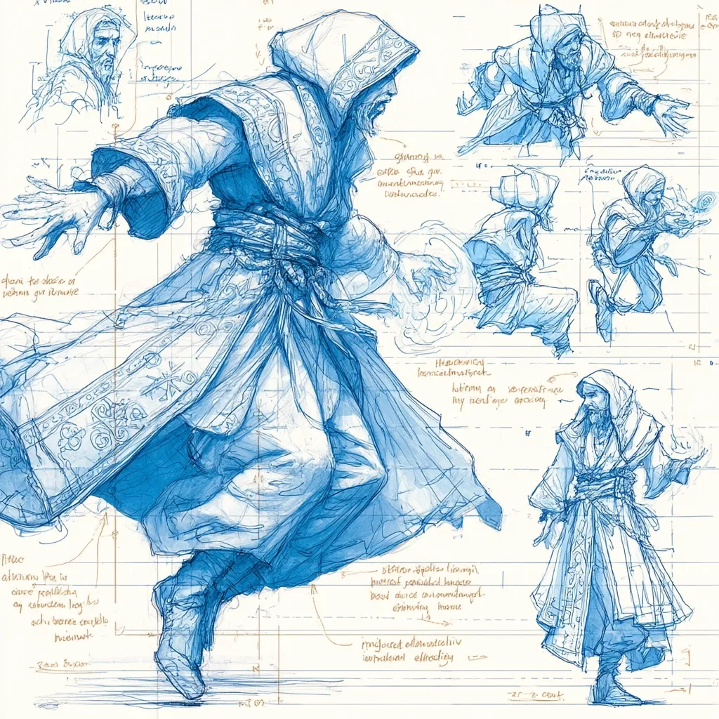 A blue-toned concept sketch depicts a hooded figure, possibly a wizard, dynamically posed in flowing robes.  Surrounding the central figure are smaller sketches exploring different robe styles and poses, hinting at character design exploration.  Annotations in a foreign language and English are scattered across the page, likely notes on design choices and character details. The overall style is loose and expressive, typical of concept art.