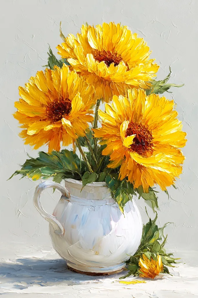 A vibrant oil painting showcases a bouquet of three large, sun-drenched yellow sunflowers in a rustic white ceramic jug.  The sunflowers are depicted with thick, impasto brushstrokes, emphasizing their texture and luminosity.  The background is a muted gray, allowing the bright flowers to stand out. A few smaller sunflower buds rest beside the jug on a light-colored surface, completing the composition.
