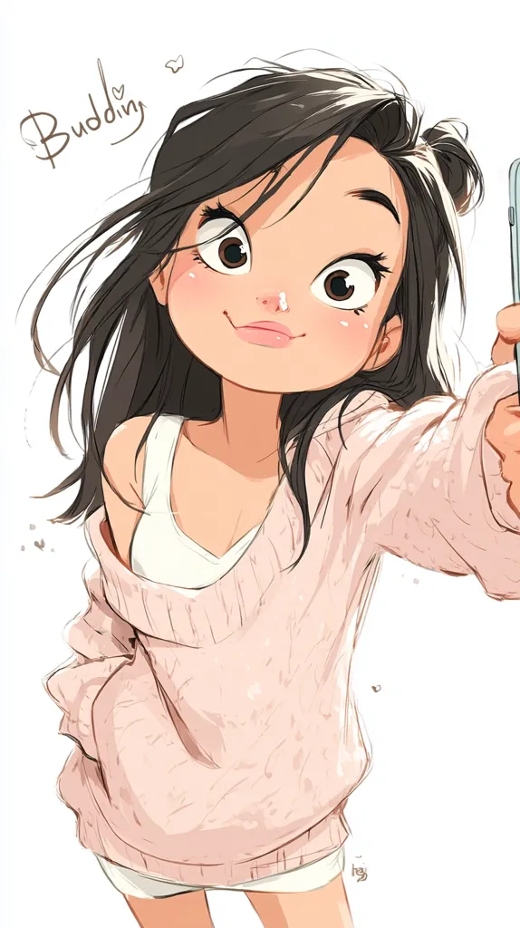 A cute anime-style girl with large eyes and dark hair pulled up in a half-updo takes a selfie. She's wearing a light pink, oversized sweater and a white tank top underneath. Her expression is sweet and playful, and the overall style is soft and charming. The word "Budding" is written in cursive in the upper left corner.  The image is digitally drawn and has a light, airy feel.