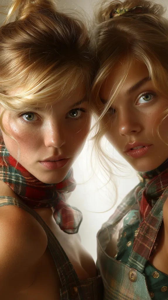 Close-up portrait of two blonde women, possibly twins, with similar features and hairstyles.  They are wearing plaid scarves and green overalls.  The image is softly lit, creating a warm and intimate mood. Their eyes meet the camera directly, conveying a sense of closeness and connection.  The overall style is reminiscent of rustic or vintage fashion.