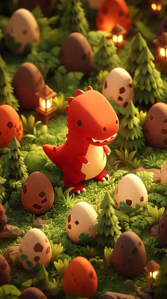 A cute, red, cartoon dinosaur stands in a mossy forest surrounded by speckled eggs and miniature pine trees.  Small lanterns illuminate the scene, creating a whimsical, fairytale-like atmosphere. The style is reminiscent of 3D animation or claymation, with soft textures and rounded shapes. The overall mood is peaceful and charming.