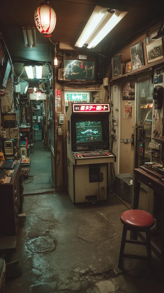 A vintage arcade game stands in a dimly lit, cluttered Japanese alleyway.  The game's screen displays a pixelated space shooter.  The surrounding space is crammed with various items, including old electronics, framed pictures, and posters, suggesting a retro atmosphere and possibly a small business.  A red stool sits near the arcade machine, adding to the scene's nostalgic ambiance.  The overall feel is one of aged charm and hidden discovery.