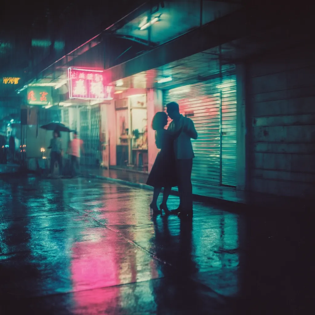 A silhouetted couple slow dances on a rain-slicked street at night. Neon signs in vibrant pink and teal illuminate the wet pavement, reflecting the city's glow.  The couple, embraced in a gentle dance, stands out against the blurry background of a bustling, rain-soaked Asian city street. The atmosphere is romantic and evocative, capturing a moment of intimacy amidst the urban night.