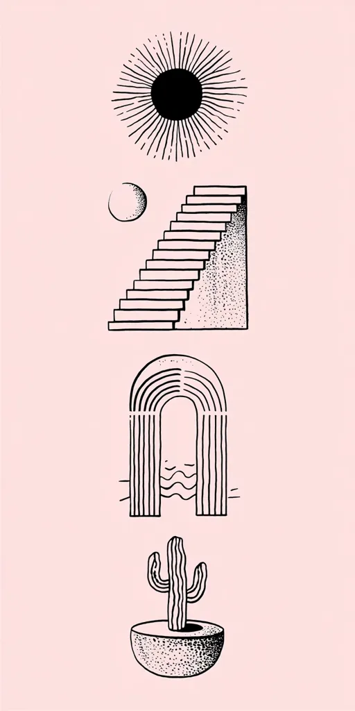 A minimalist illustration features a sun, moon, staircase, rainbow arch, and cactus in a pot.  The style is black and white line art on a pale pink background, using stippling and clean lines for texture and form. The elements are vertically stacked, creating a visually appealing, symbolic arrangement.  The overall mood is serene and slightly mystical.