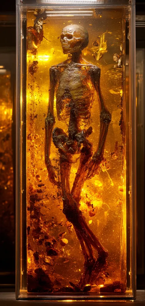 A complete human skeleton, encased in amber-colored resin, stands within a glass display case.  The resin is filled with other organic matter, creating a striking visual contrast against the skeletal remains. The lighting highlights the amber's rich hue, emphasizing the delicate details of the bones and the surrounding material. The overall presentation suggests an archaeological or anthropological artifact.