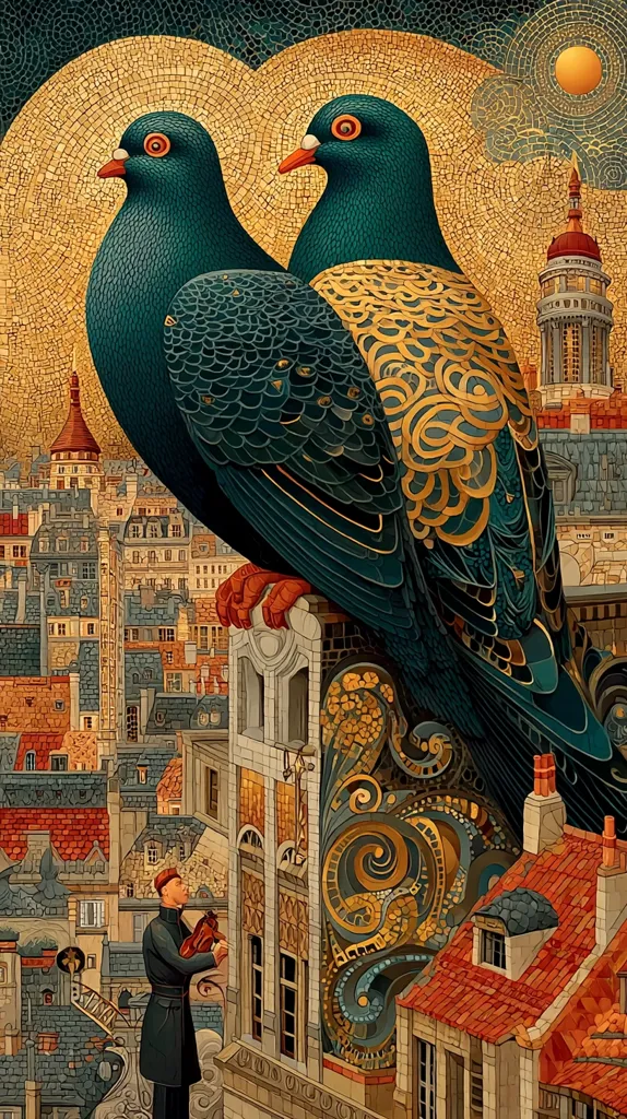 Two ornate pigeons, rendered in teal and gold, perch atop a building overlooking a meticulously detailed cityscape.  The birds are depicted in a style reminiscent of mosaic art, with intricate patterns adorning their feathers.  Below, a man in period clothing plays a violin, adding a touch of human presence to the fantastical scene. The background showcases a charming European-style city with terracotta rooftops and aged architecture under a stylized night sky.