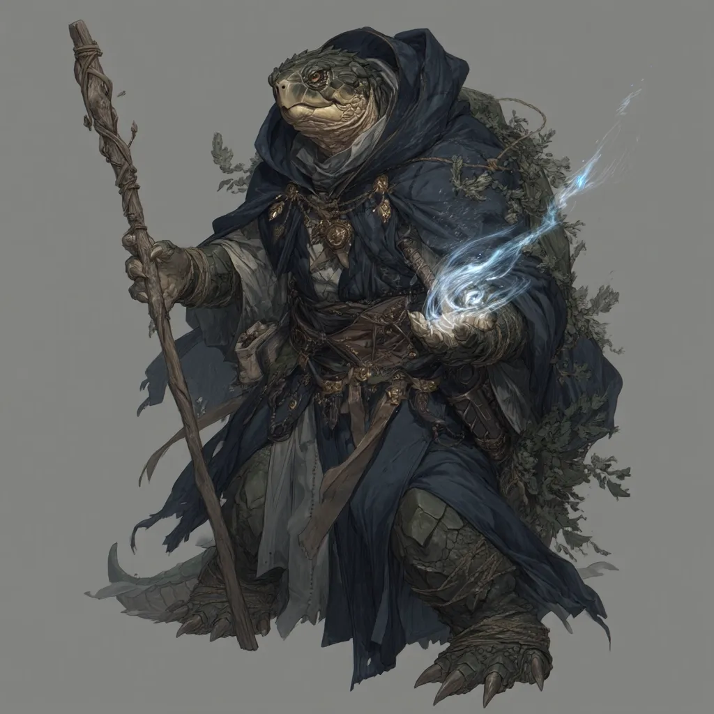 A reptilian humanoid, possibly a turtle or tortoise, stands as a wise mage.  Clad in a dark blue hooded robe, he holds a gnarled wooden staff and manipulates a swirling orb of light.  His attire features layered clothing and a worn leather belt.  A backpack filled with foliage rests on his back, adding to his earthy, mystical appearance.  The detailed illustration depicts him with sharp claws and a weathered, ancient look.