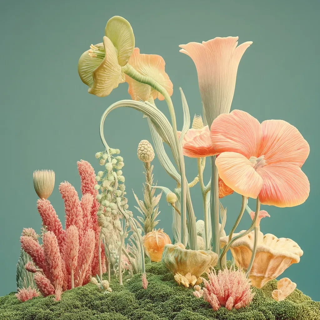 A digitally rendered image showcases a lush, fantastical garden.  Pastel-toned flowers, resembling lilies, poppies, and otherworldly blooms, sprout from a mossy base.  The color palette is soft and muted, creating a serene and dreamlike atmosphere.  The arrangement is dense and varied, with different textures and heights of flora, suggesting a vibrant, otherworldly ecosystem.
